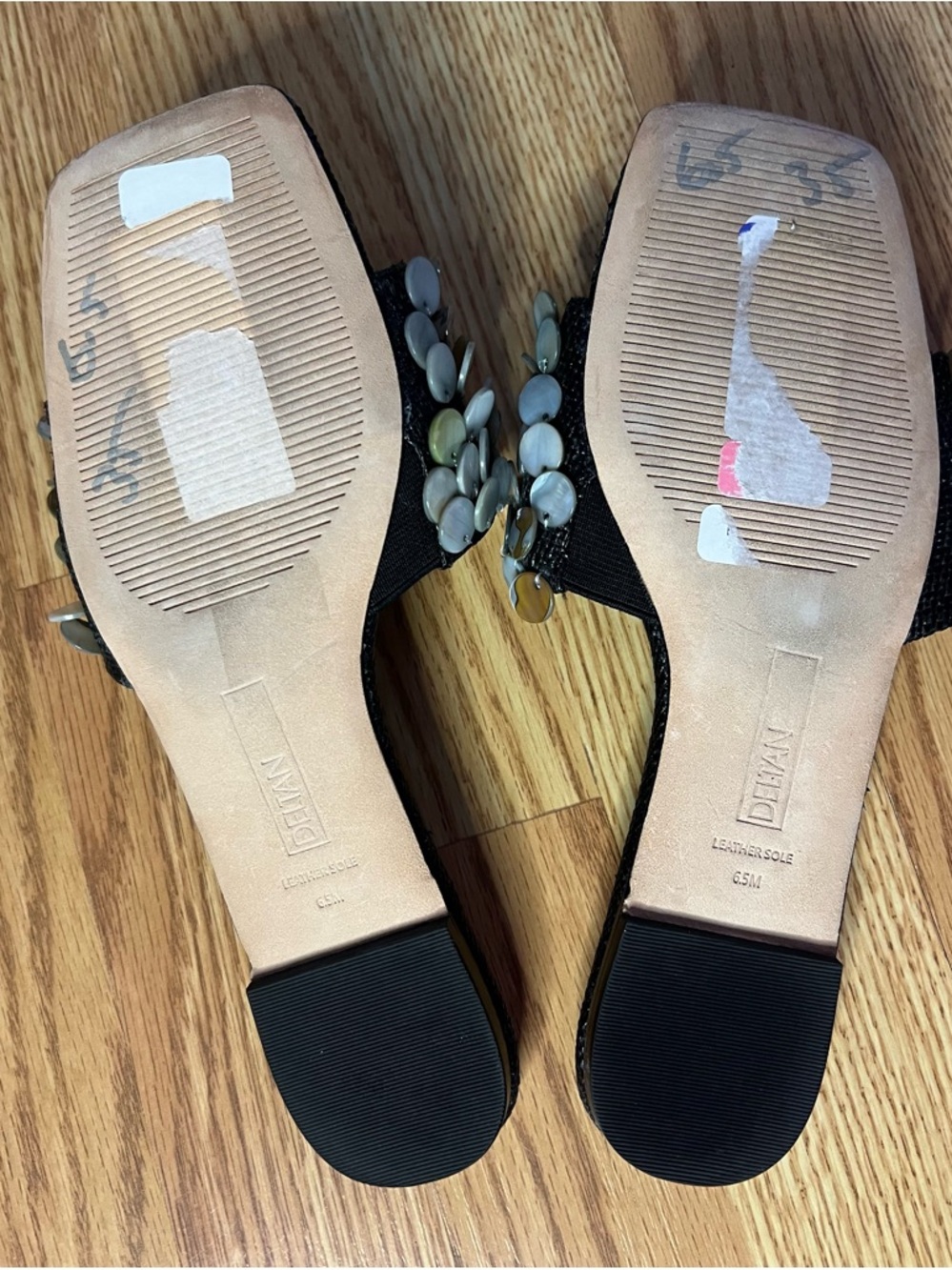 Deltan Flora Metallic Raffia Pearl Disc Flat Sandals in Black Size 6.5 - Picture 6 of 10